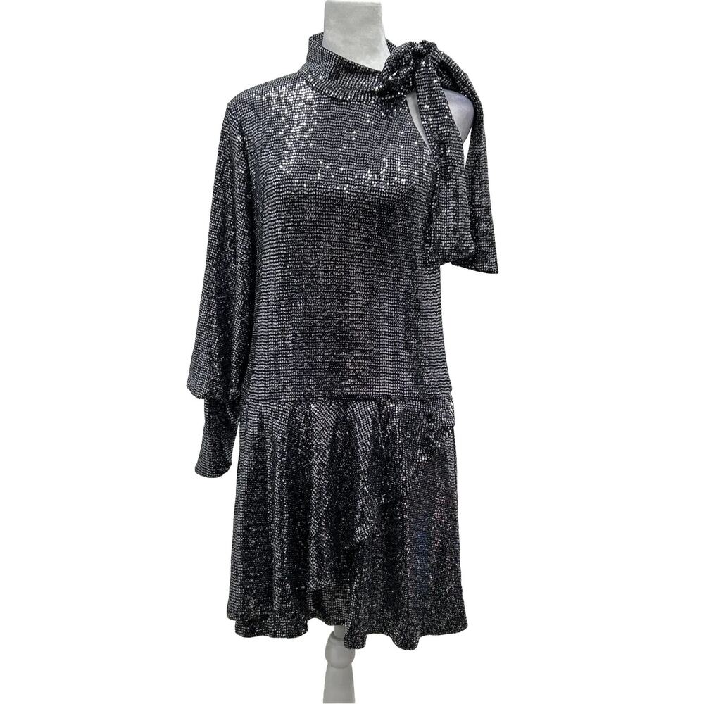 Black Halo Womens Size 6 Black Darby Disco Sequin One Shoulder Tie Collar Dress